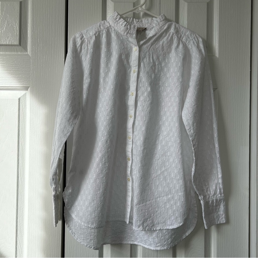 LOFT White Swiss Dot Textured Cotton Button-Up Shirt - Small